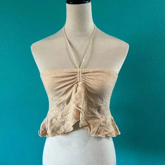 American Eagle Outfitters Tops - American Eagle Ruffled Hem Cropped Halter Top Beige Smocked Back Size M